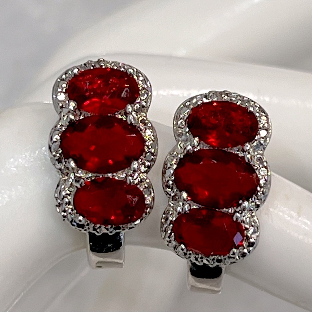 Trilogy Red Gemstone Diamond Accent Latch Back Earrings - Picture 1 of 12